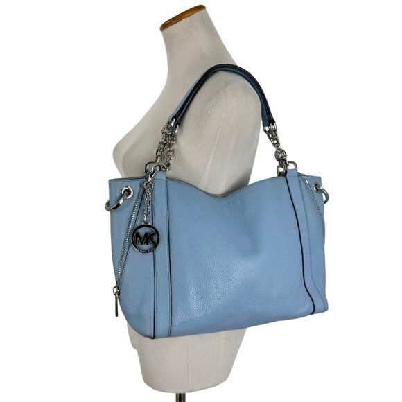 Michael Kors Blue Pebbled Leather Shoulder Bag With Chain Straps & MK Logo Charm - Picture 2 of 16